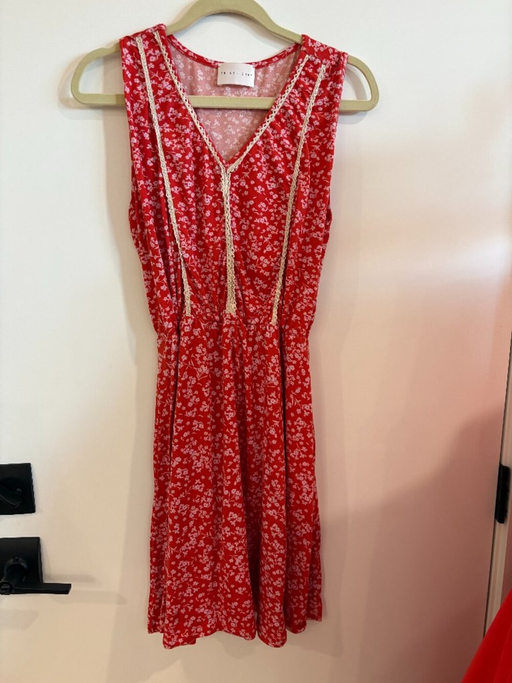 French Grey Red Ditsy Floral Crochet Trim Sleeveless Dress Stitch Fix 1X